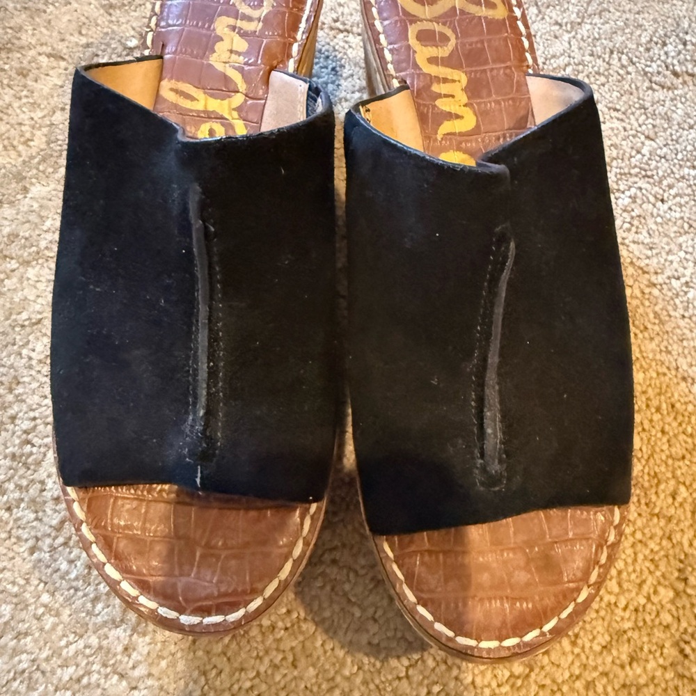 Bostonian Black Suede Open-Toe Cork Wedge Heel Sandals
